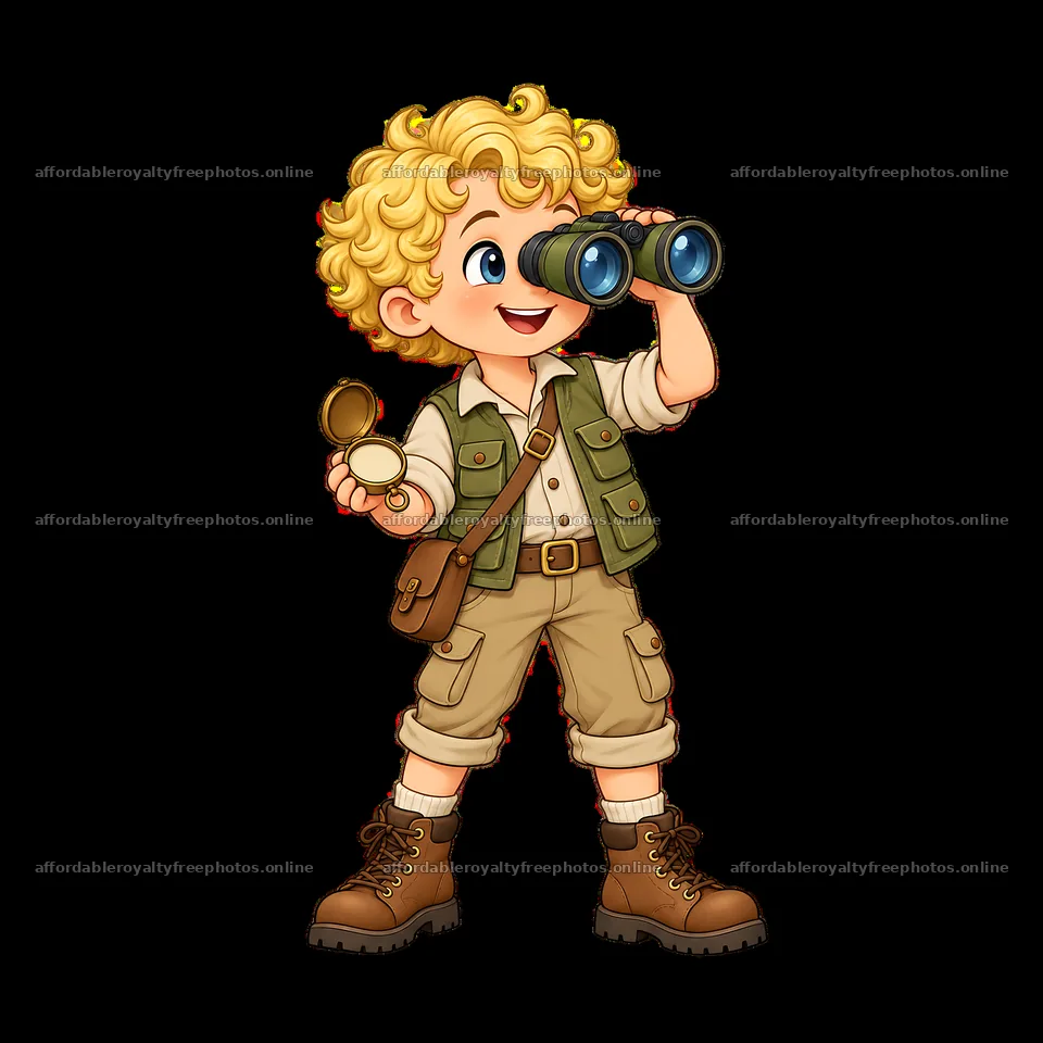 Blond child explorer holding binoculars and a compass – royalty-free photos 7746x7746