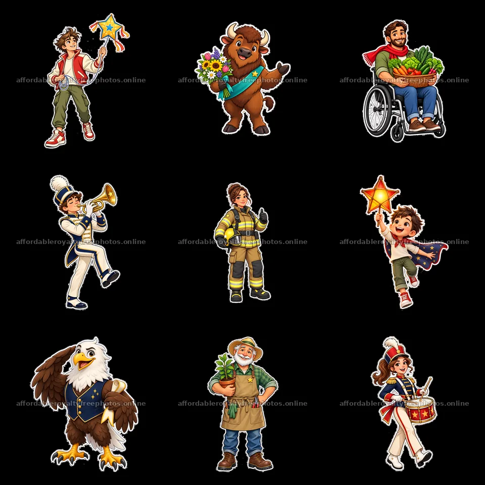 Patriotic cartoon characters celebrating in a 3x3 layout – royalty-free photos 7746x7746