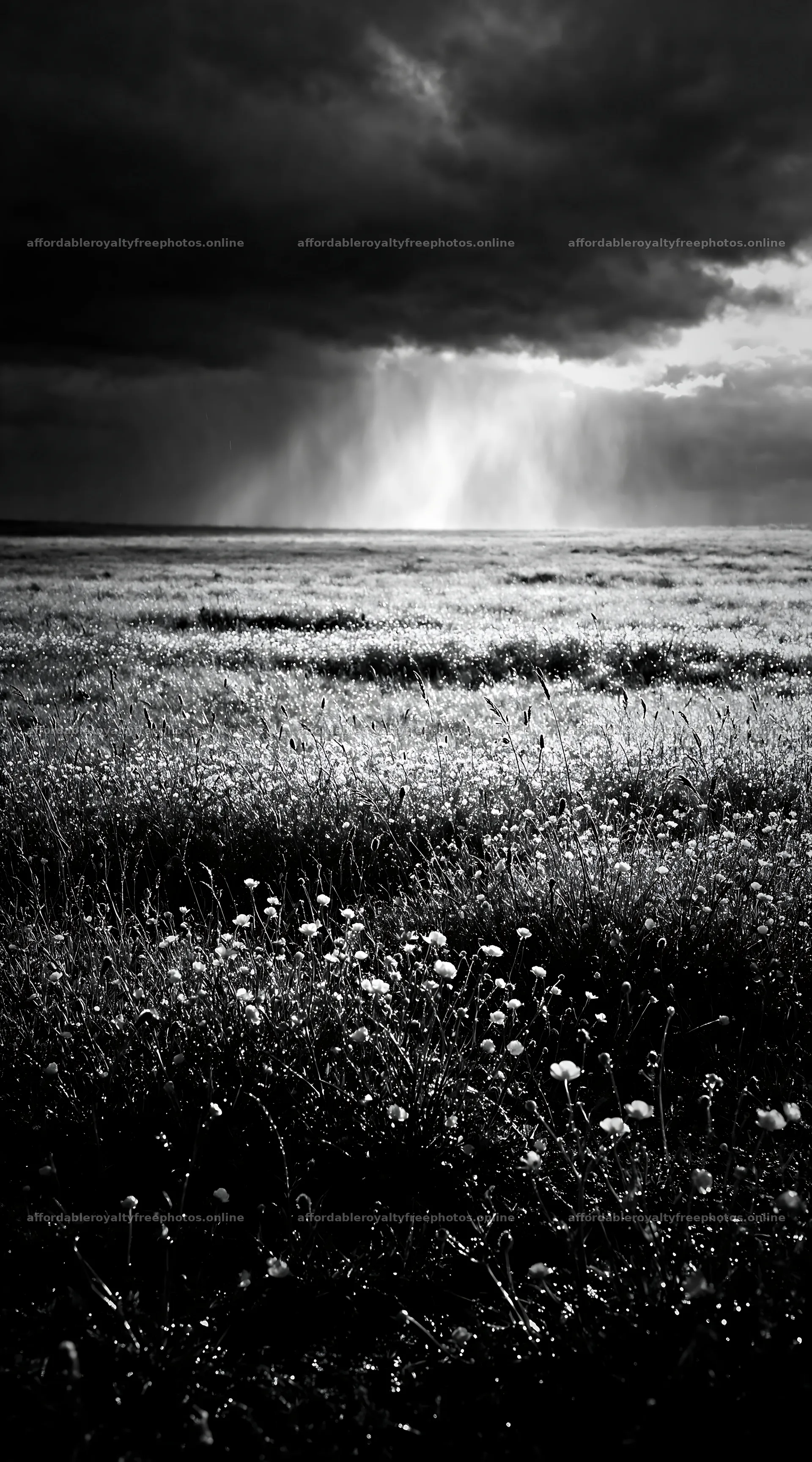 Dewy meadow with yellow flowers under a cloudy sky – royalty-free photos 5916x10648