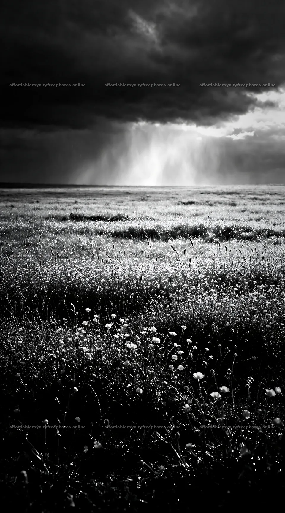 Dewy meadow with yellow flowers under a cloudy sky – royalty-free photos 5916x10648