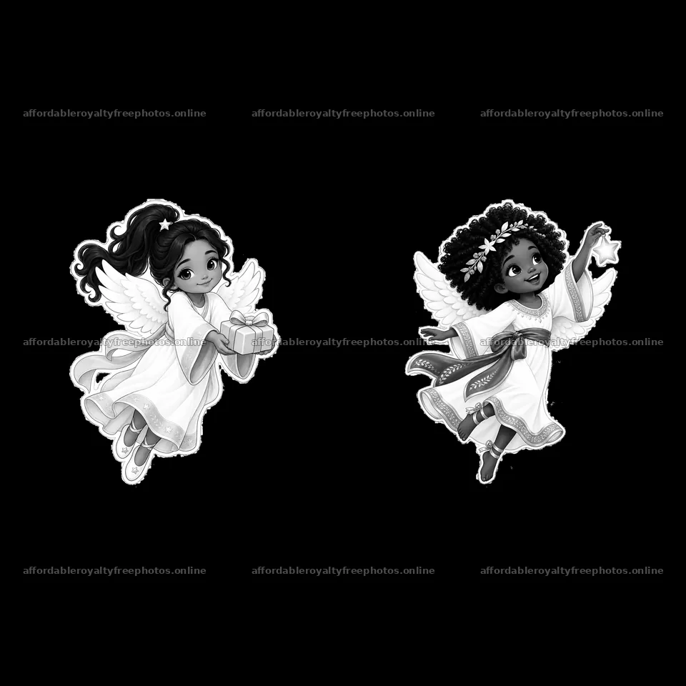 Two Christ Child characters with gifts and angel wings – royalty-free photos 7746x7746