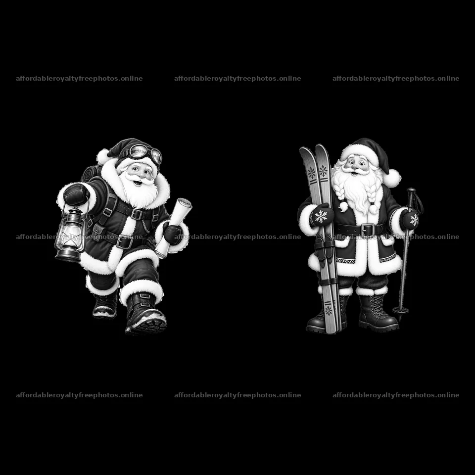 Santa Claus with lantern and Santa Claus with skis – royalty-free photos 7746x7746