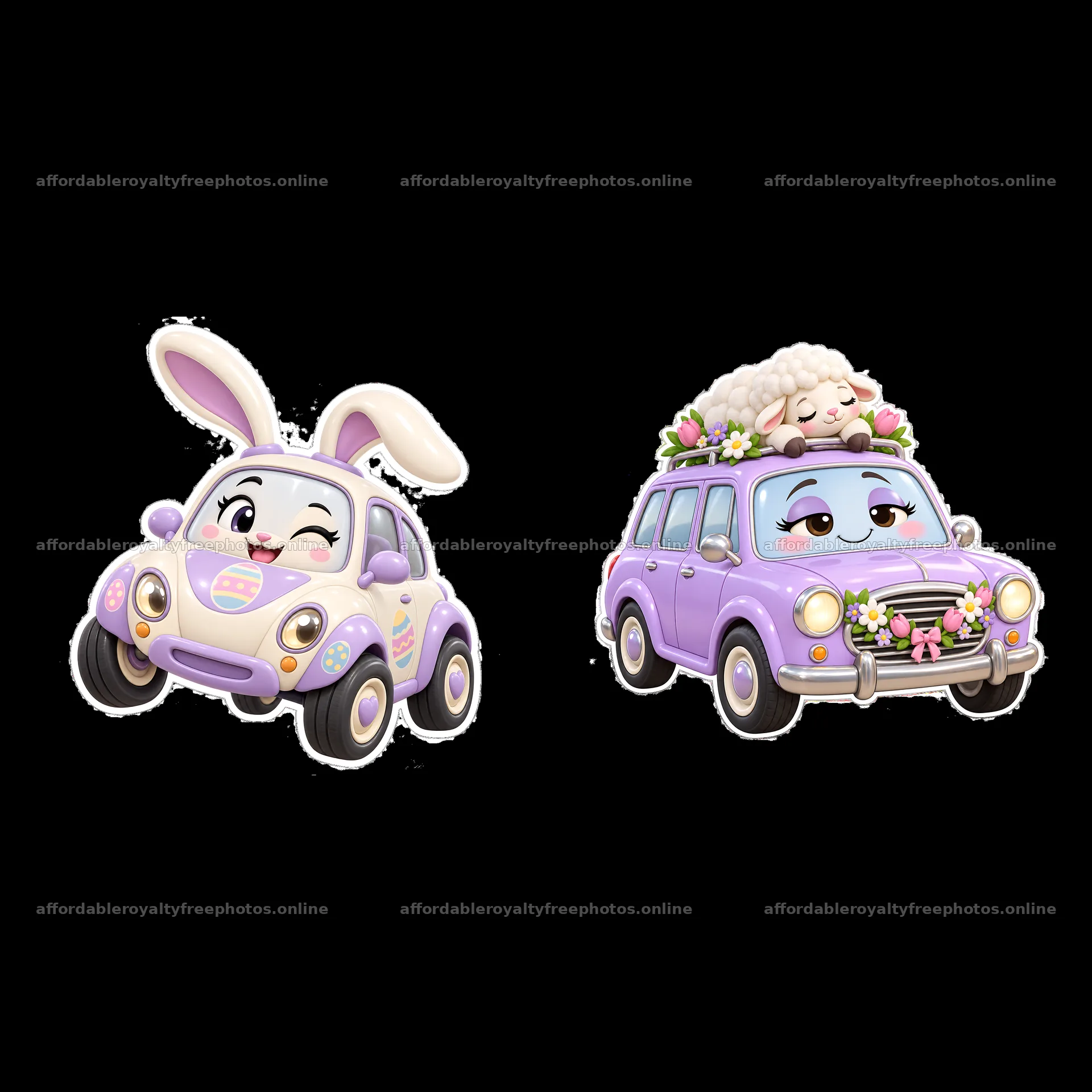 Cartoon Easter cars with bunny and sheep characters – royalty-free photos 7746x7746