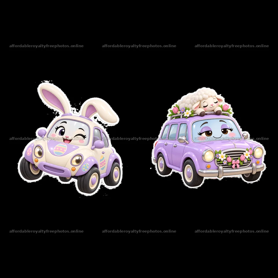 Cartoon Easter cars with bunny and sheep characters – royalty-free photos 7746x7746