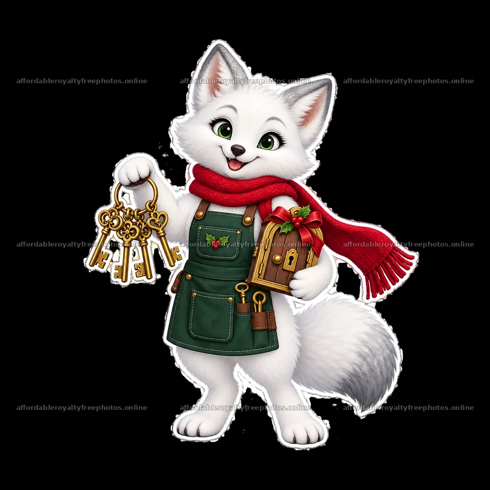 Cartoon fox holding keys and gift near Christmas door – royalty-free photos 7746x7746