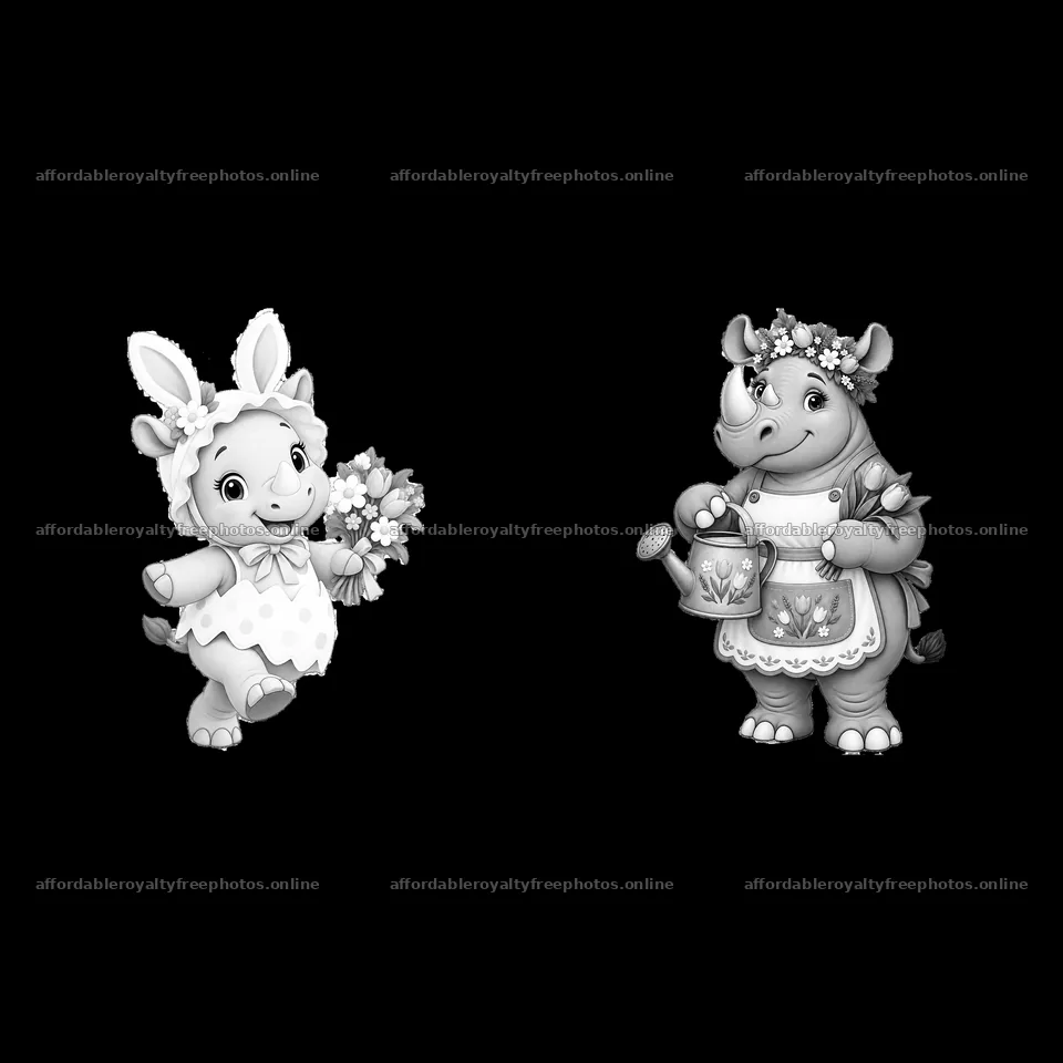 Rhinoceros and bunny celebrating Easter with flowers and – royalty-free photos 7746x7746
