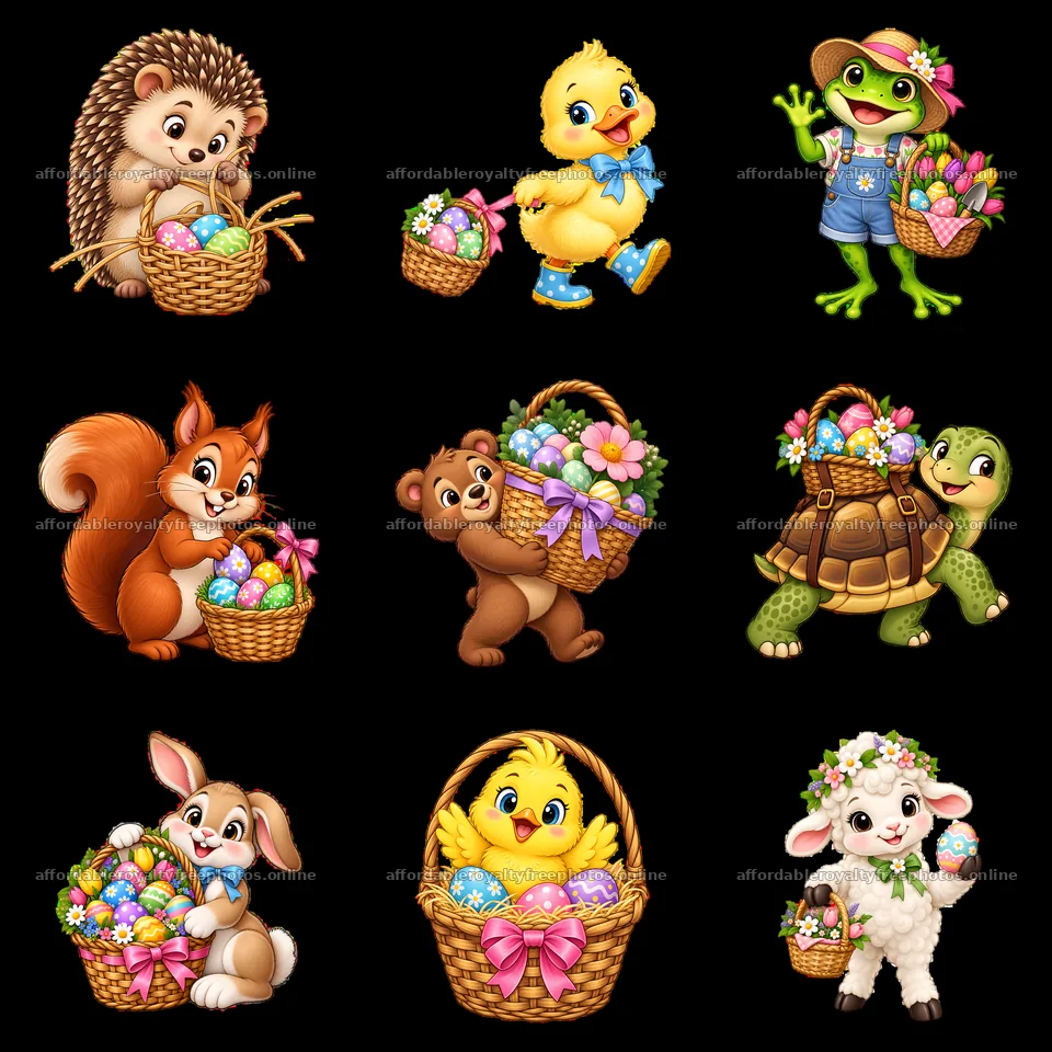 Easter basket cartoon characters with eggs and flowers – royalty-free photos 7746x7746