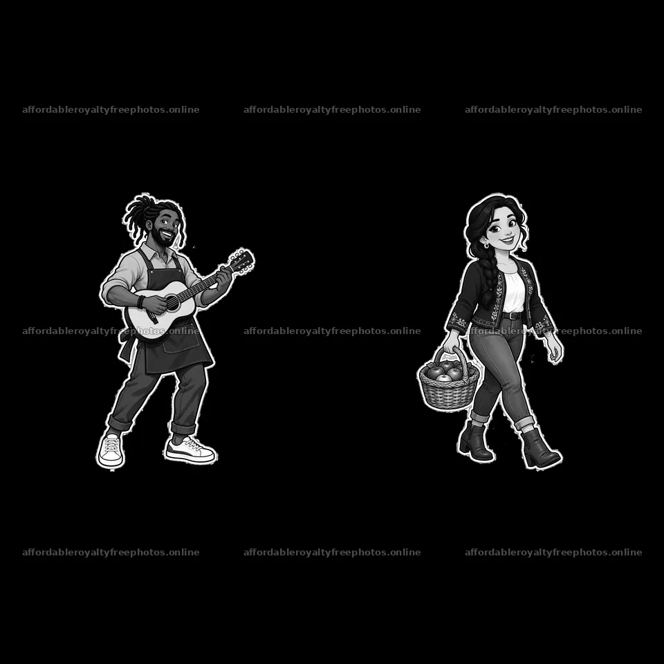 Musician playing guitar with a woman carrying a basket – royalty-free photos 7746x7746