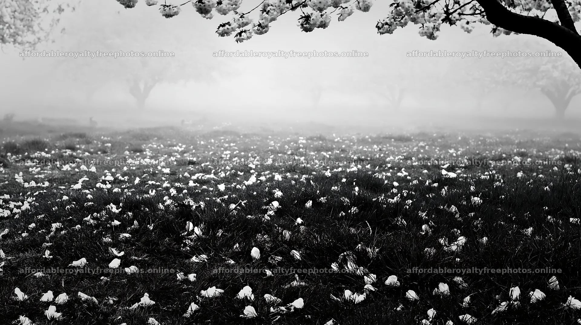 Foggy orchard meadow with fallen blossoms in black and – royalty-free photos 10608x5938