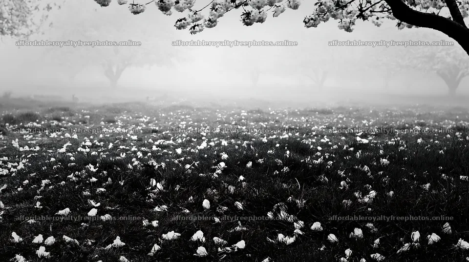 Foggy orchard meadow with fallen blossoms in black and – royalty-free photos 10608x5938
