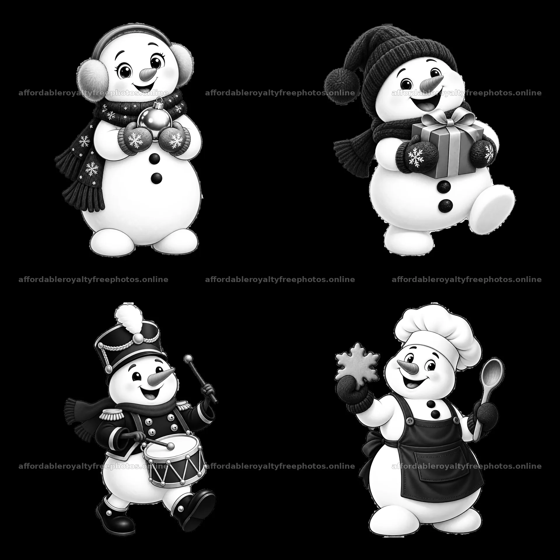 Christmas snowmen performing festive activities in a 2x2 – royalty-free photos 7746x7746
