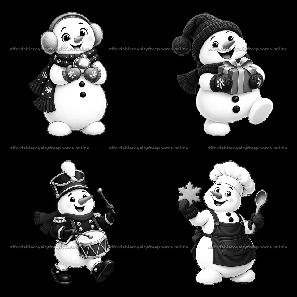 Christmas snowmen performing festive activities in a 2x2 – royalty-free photos 7746x7746