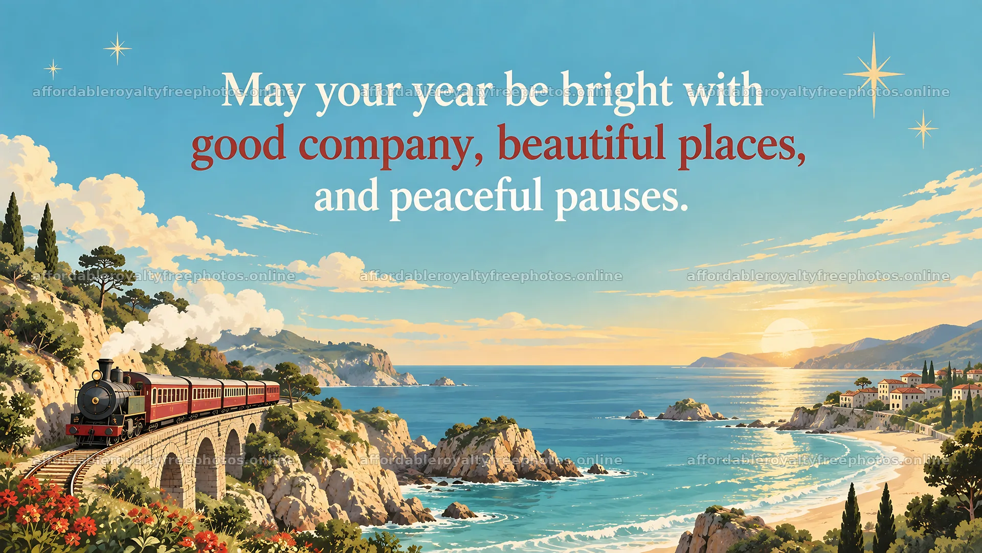 New Year Greeting Over a Coastal Train Journey – royalty-free photos 10324x5812