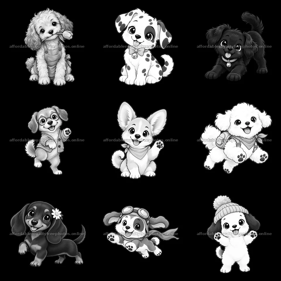 Cute dogs in black-and-white cartoon illustration – royalty-free photos 7746x7746