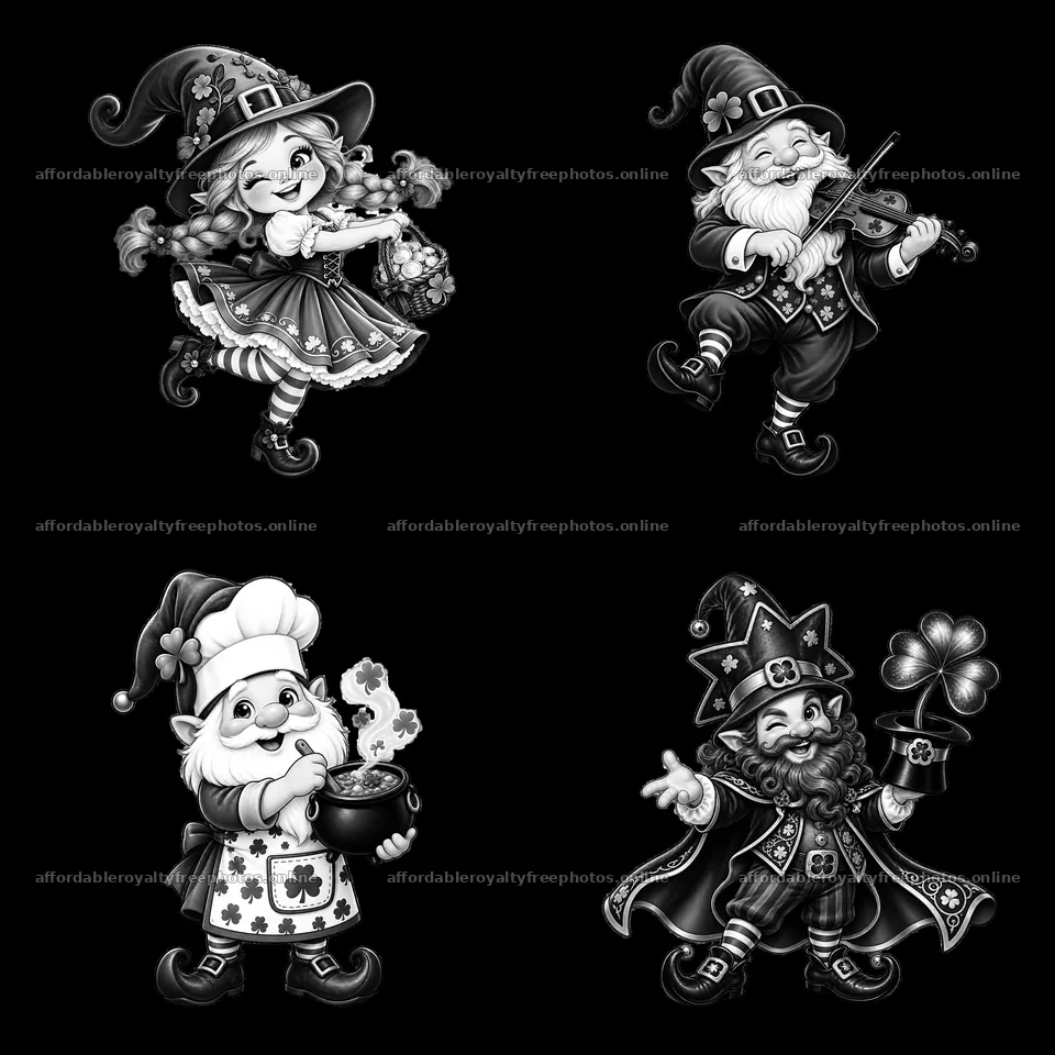Gnome characters celebrating St. Patrick's Day in black – royalty-free photos 7746x7746