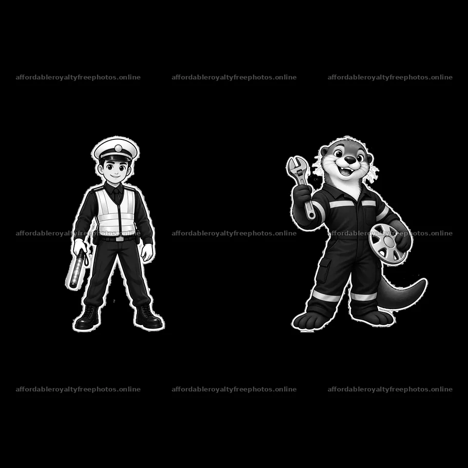 Police officer and mechanic characters with tools in – royalty-free photos 7746x7746