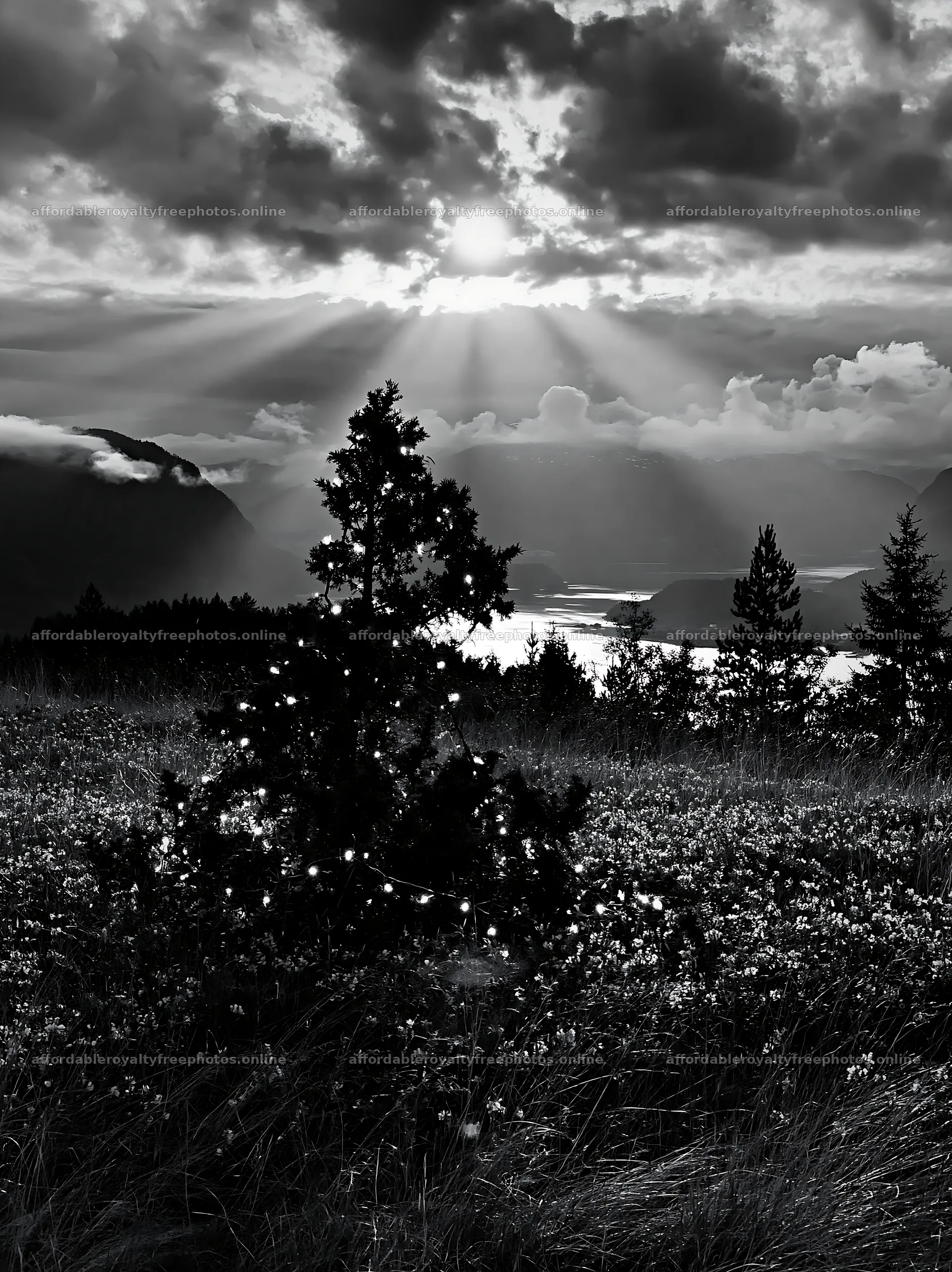 Christmas decorations in meadow under clouds and sunbeams – royalty-free photos 6866x9174