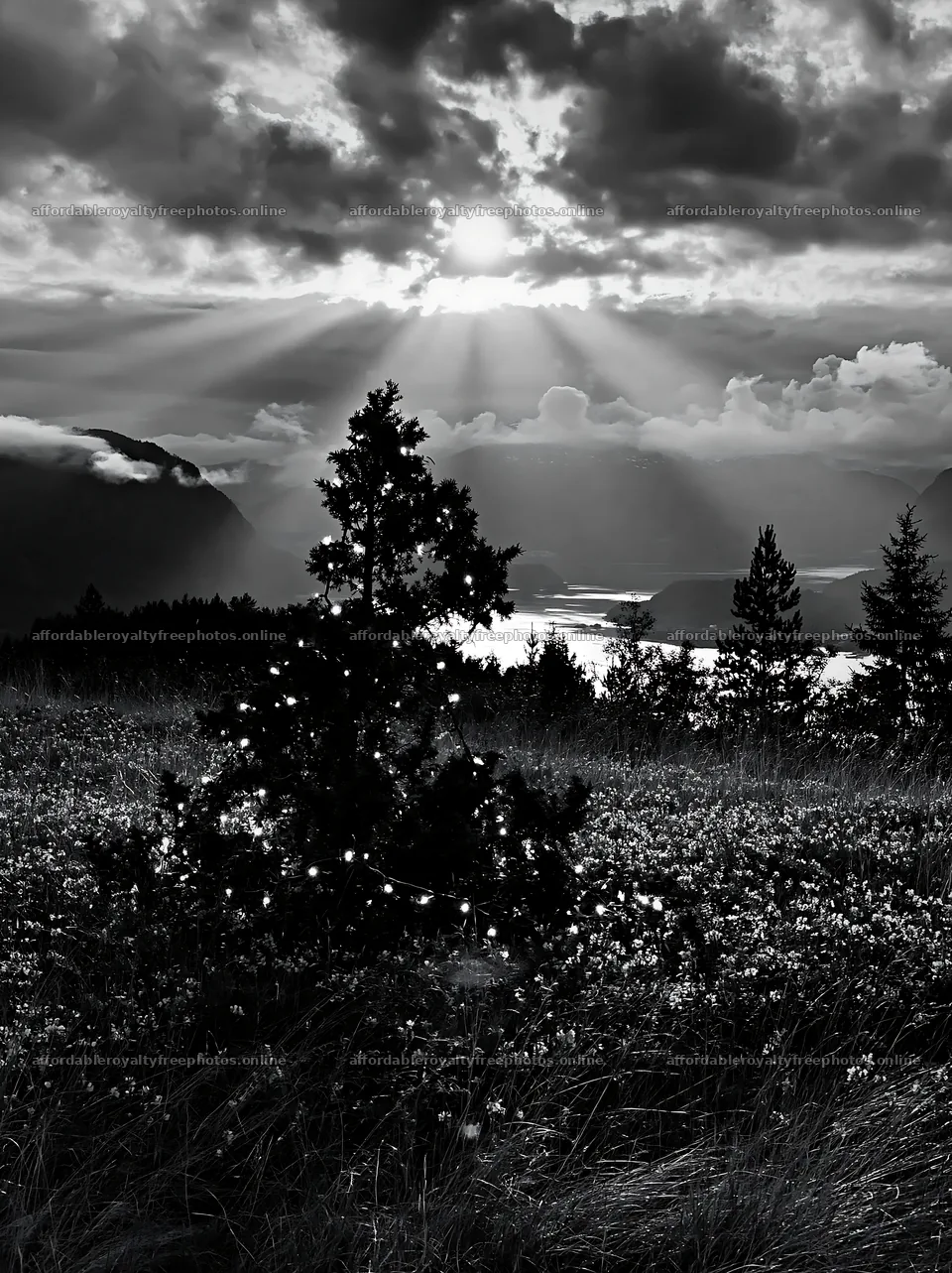 Christmas decorations in meadow under clouds and sunbeams – royalty-free photos 6866x9174