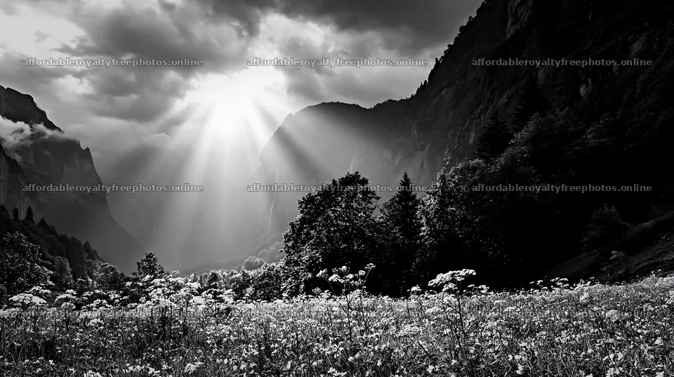 Lauterbrunnen Valley meadow with light rays shining – royalty-free photos 10608x5938