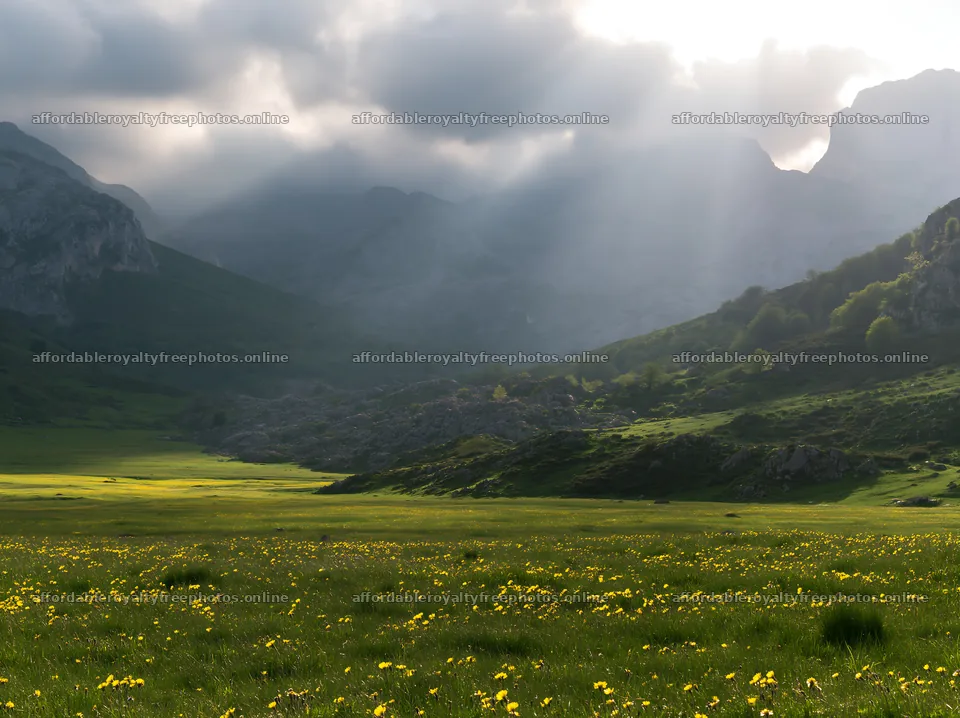 Sunrays shining over Picos de Europa meadow in natural – royalty-free photos 9174x6866