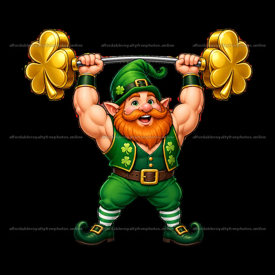 Strong gnome with shamrock weights celebrating St. – royalty-free photos 7746x7746