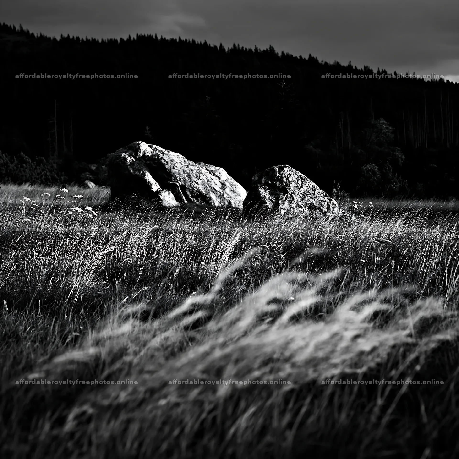 Meadow with boulders under dark clouds – royalty-free photos 7938x7938