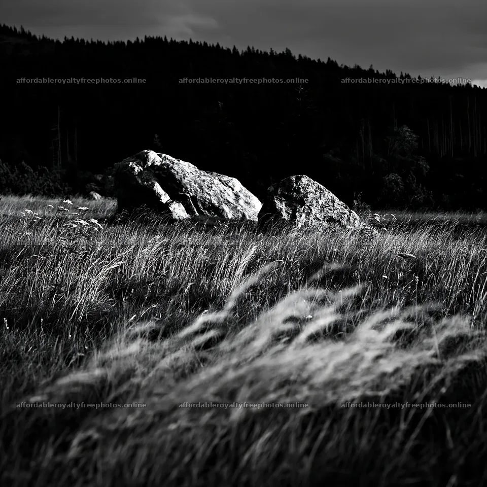 Meadow with boulders under dark clouds – royalty-free photos 7938x7938