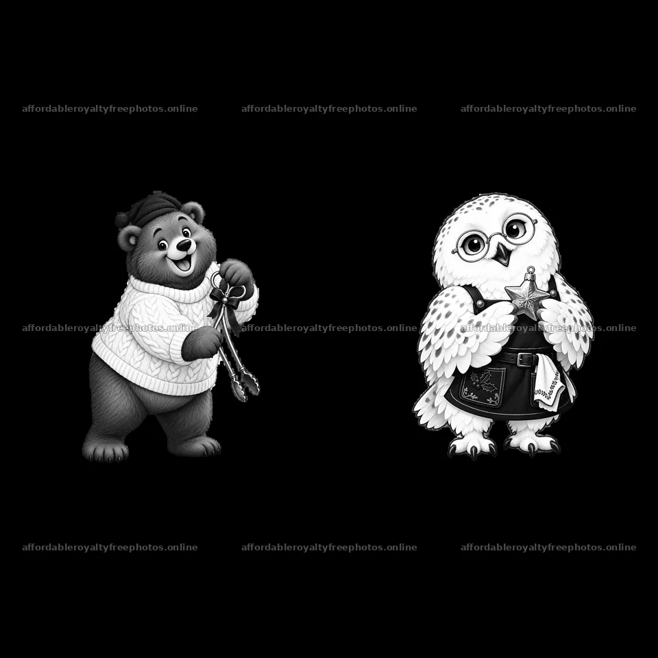 Cartoon bear and owl preparing for Christmas by the – royalty-free photos 7746x7746