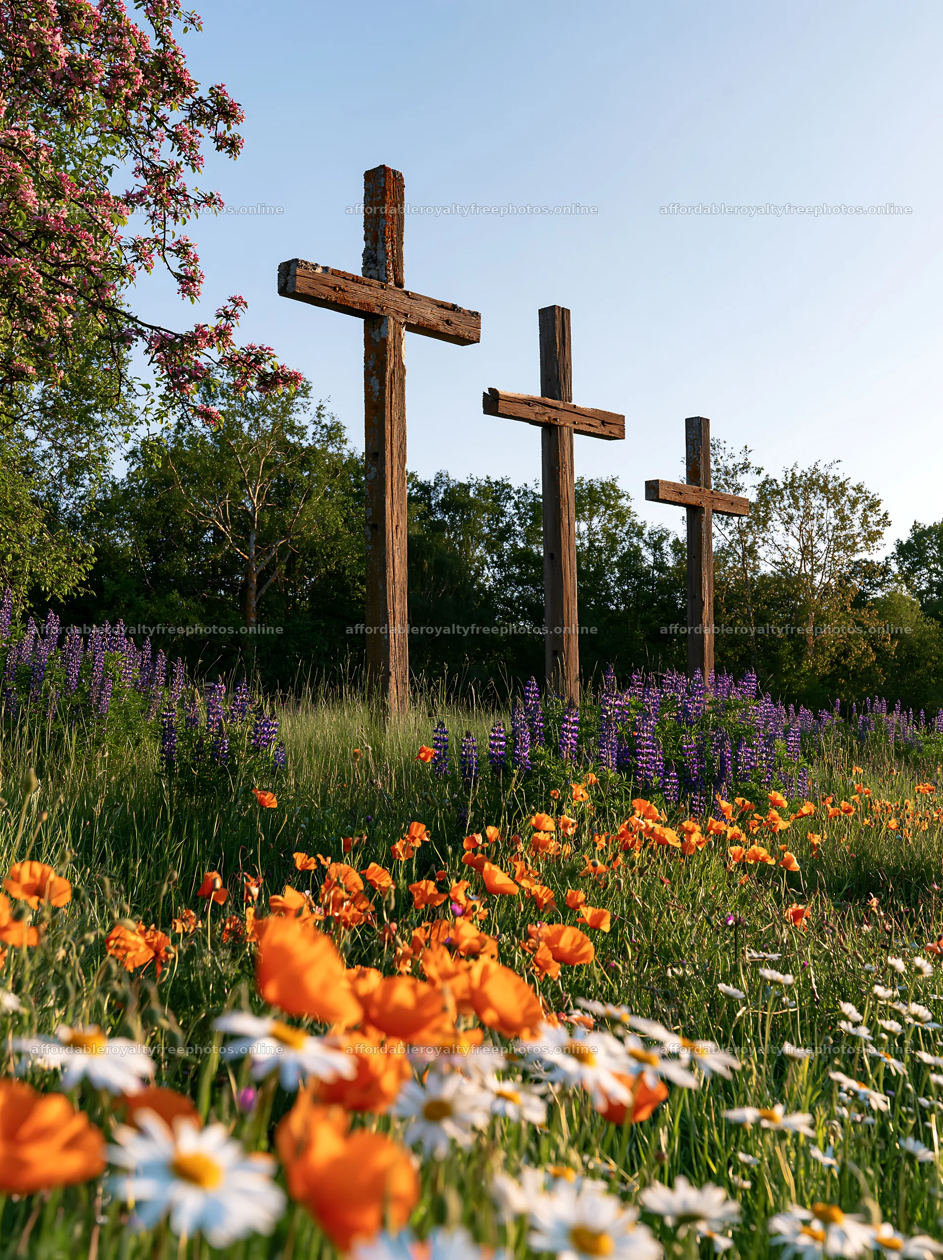 Three weathered crosses in a meadow during Christmas – royalty-free photos 6866x9174