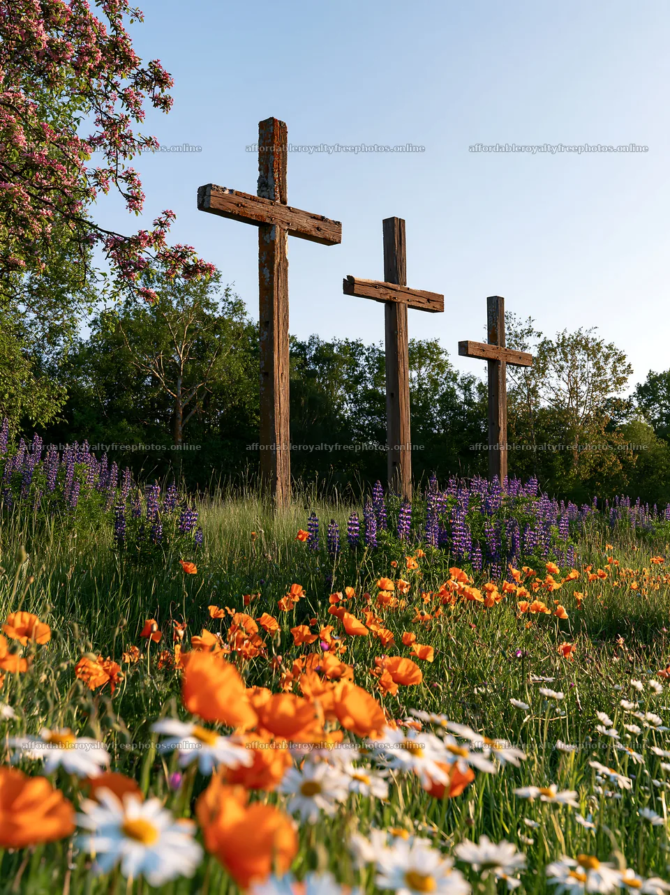 Three weathered crosses in a meadow during Christmas – royalty-free photos 6866x9174