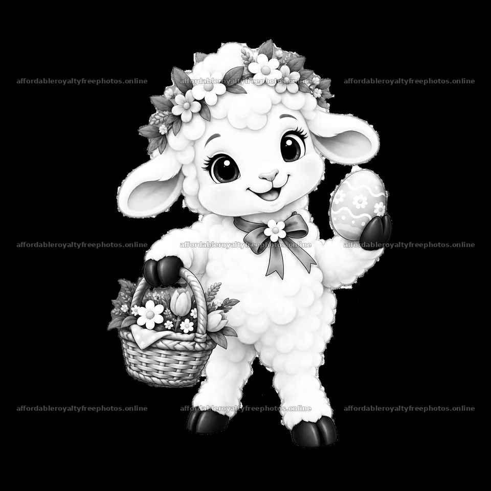 Cartoon sheep holding Easter egg and basket with flowers – royalty-free photos 7746x7746