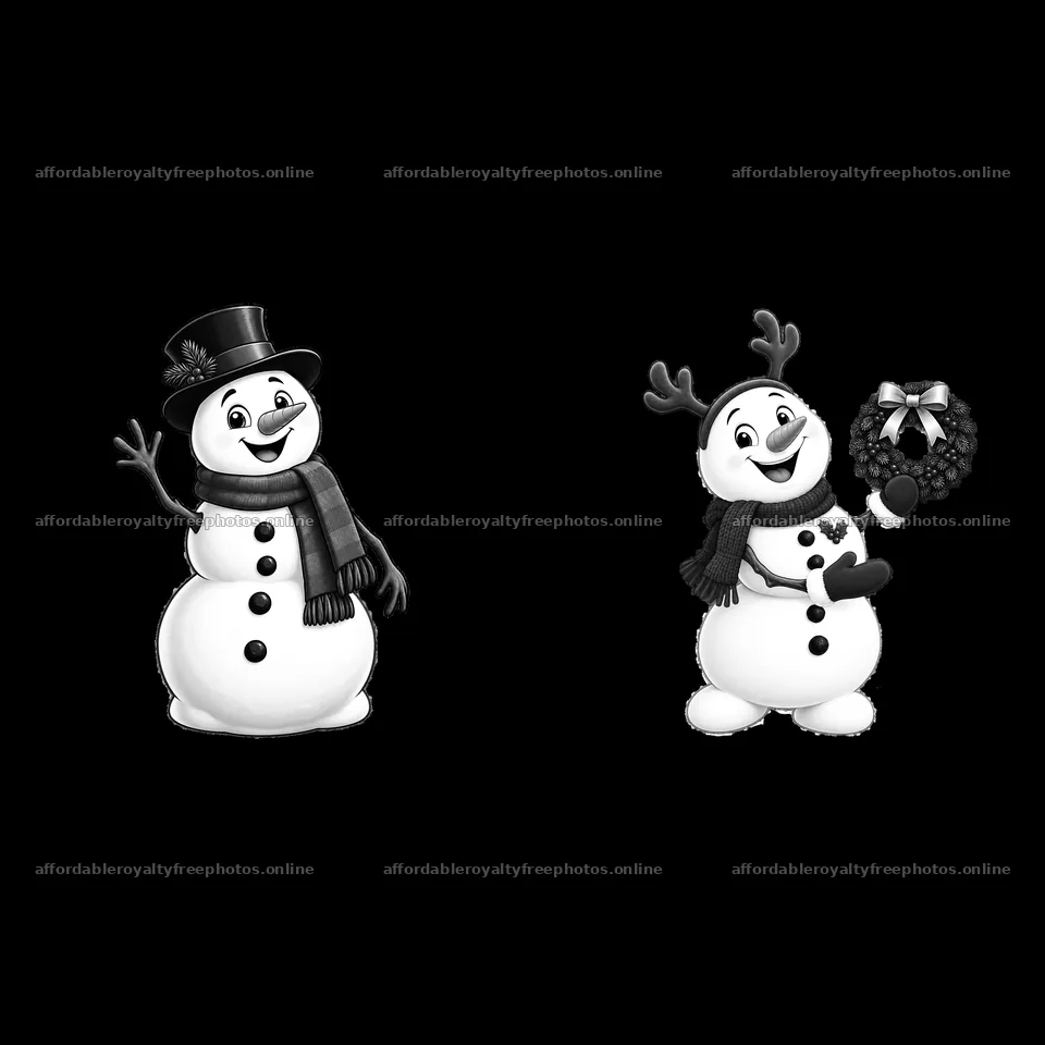 Snowman characters with hat and reindeer antlers holding – royalty-free photos 7746x7746