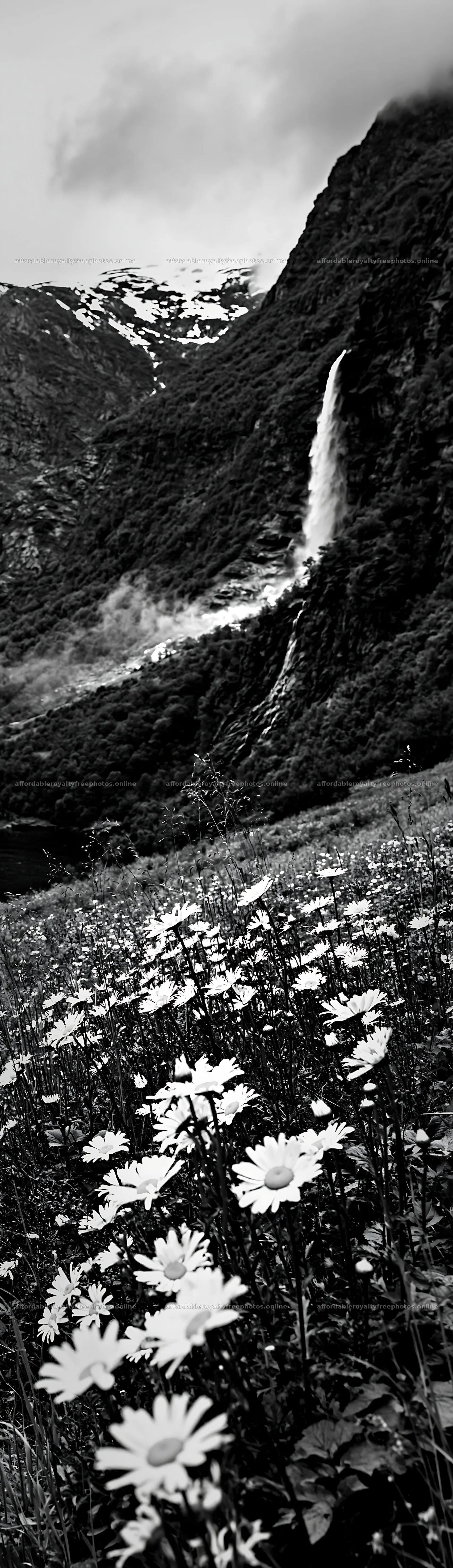 Daisy meadow with waterfall in the mountains – royalty-free photos 4268x14762