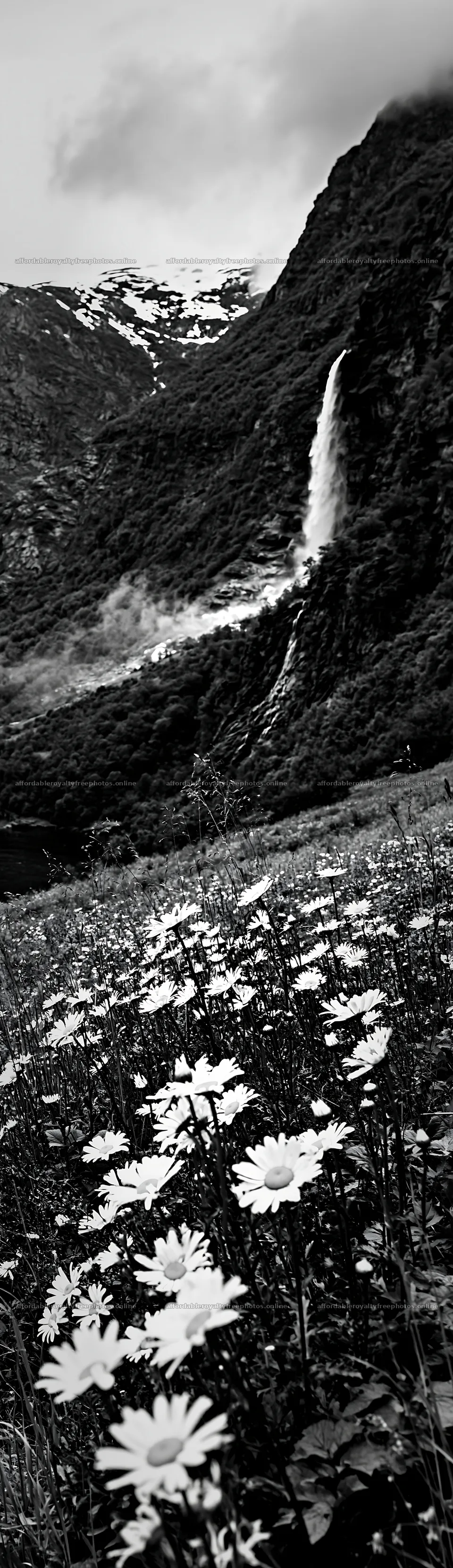 Daisy meadow with waterfall in the mountains – royalty-free photos 4268x14762