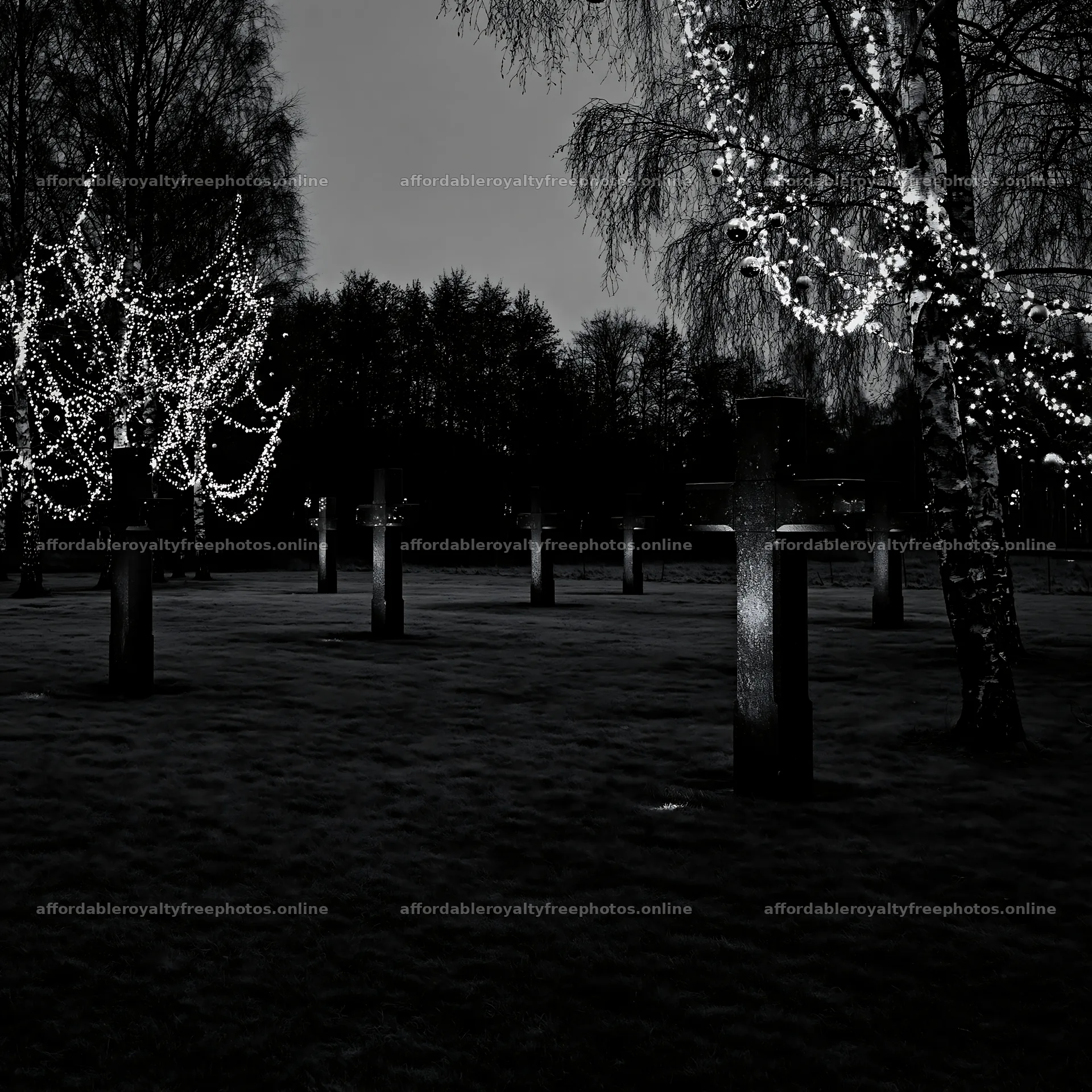 Row of stone crosses in frosted meadow at night – royalty-free photos 7938x7938