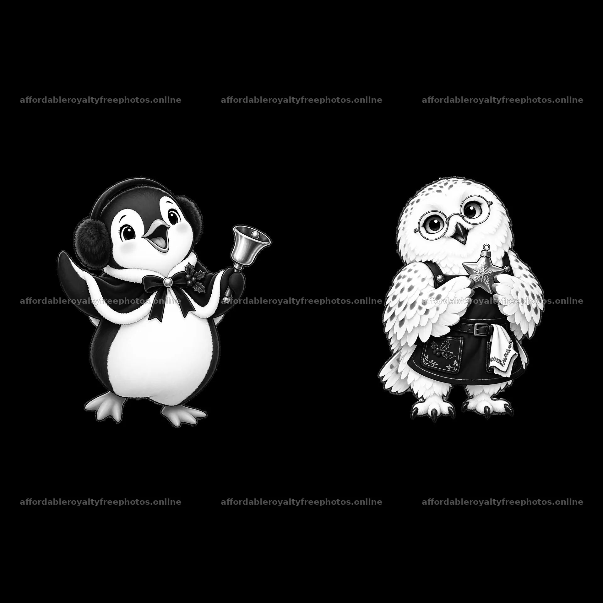Penguin with bell and owl carrying star near a fireplace – royalty-free photos 7746x7746