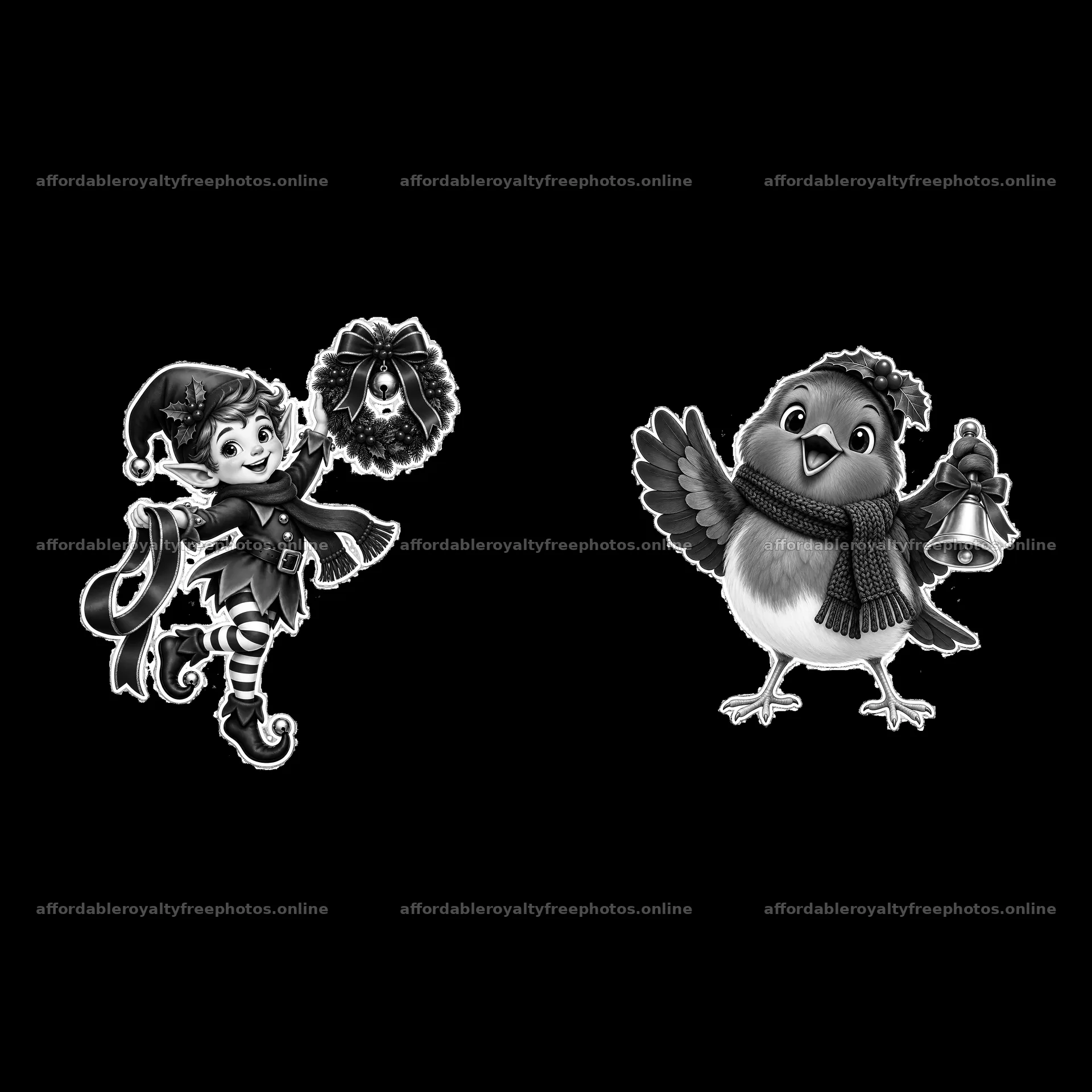 Christmas elf with a wreath and cheerful bird with a bell – royalty-free photos 7746x7746