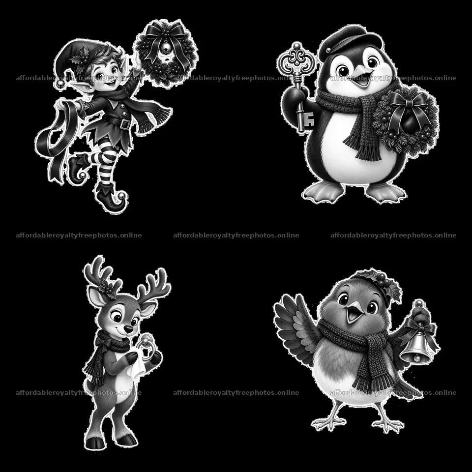 Christmas characters holding holiday items in black and – royalty-free photos 7746x7746