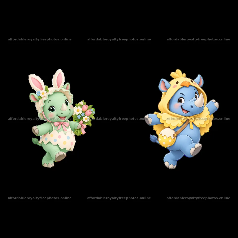 Easter rhinoceros characters celebrating with flowers – royalty-free photos 7746x7746