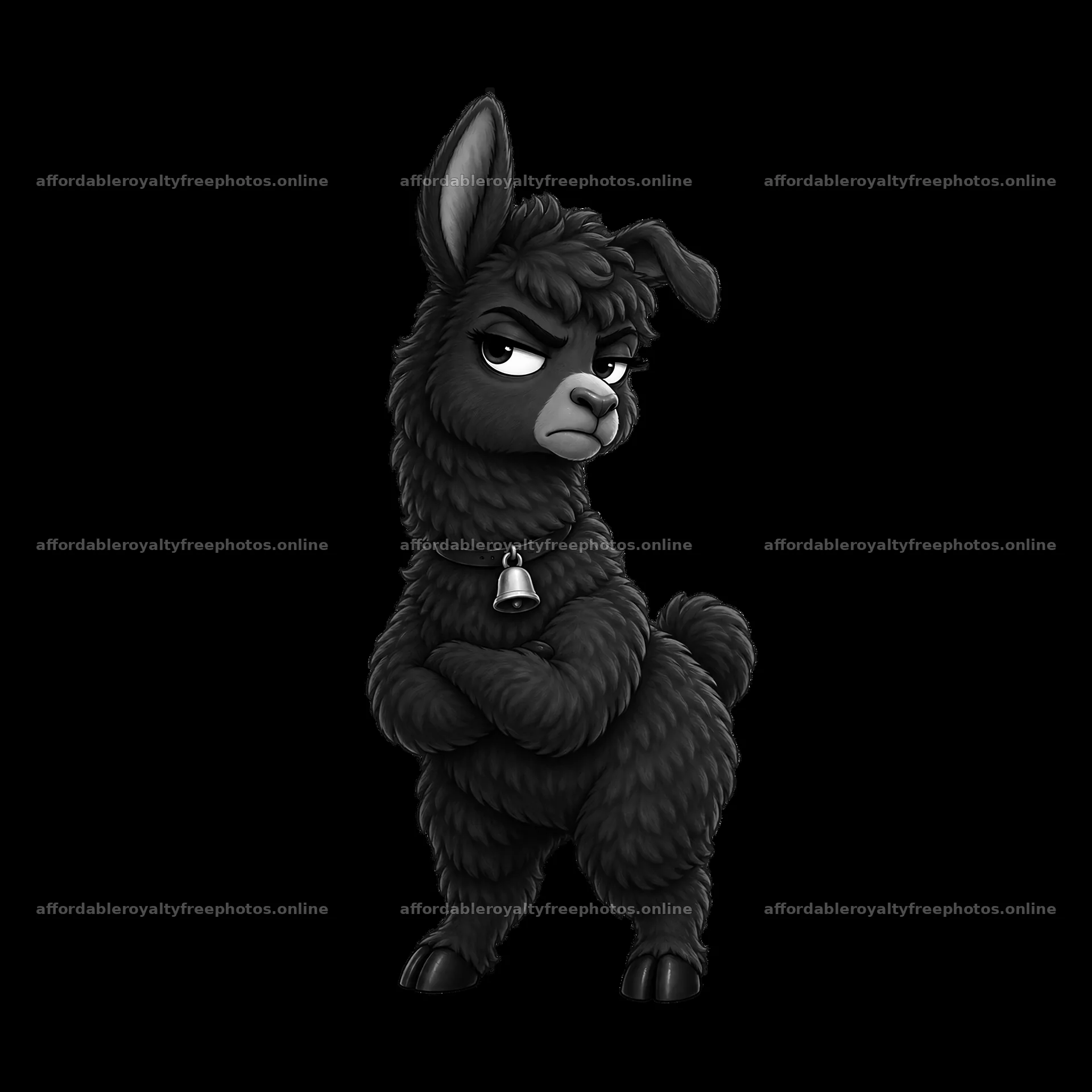 Grumpy llama with bell posing in a confident stance – royalty-free photos 7746x7746