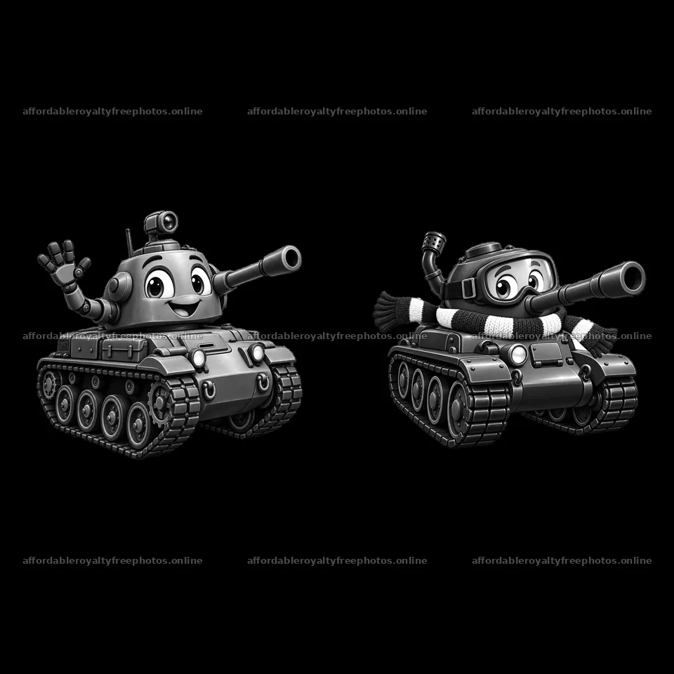 Cartoon tanks with smiling faces and playful poses – royalty-free photos 7746x7746