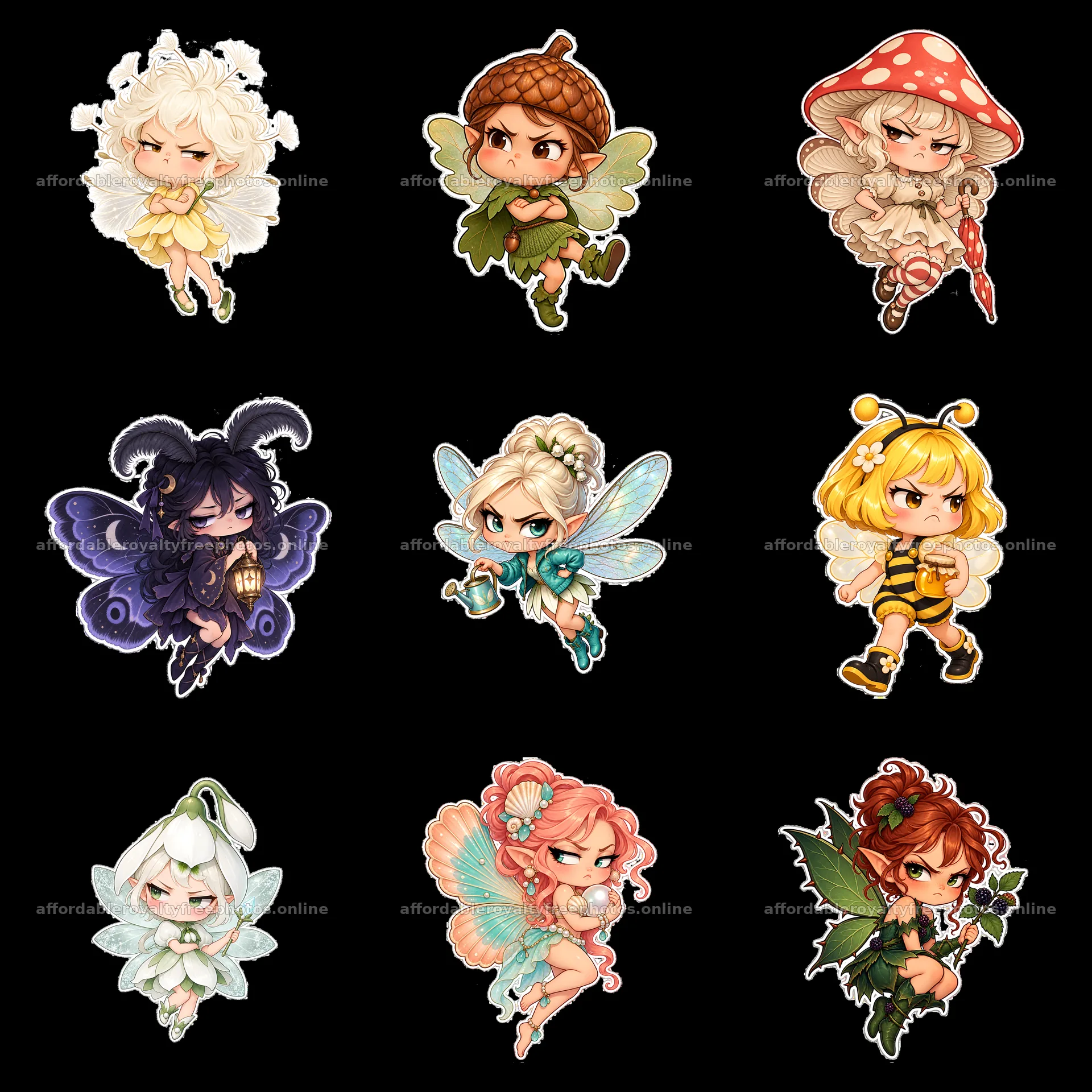 Kawaii grumpy fairy stickers in a 3x3 grid layout – royalty-free photos 7746x7746