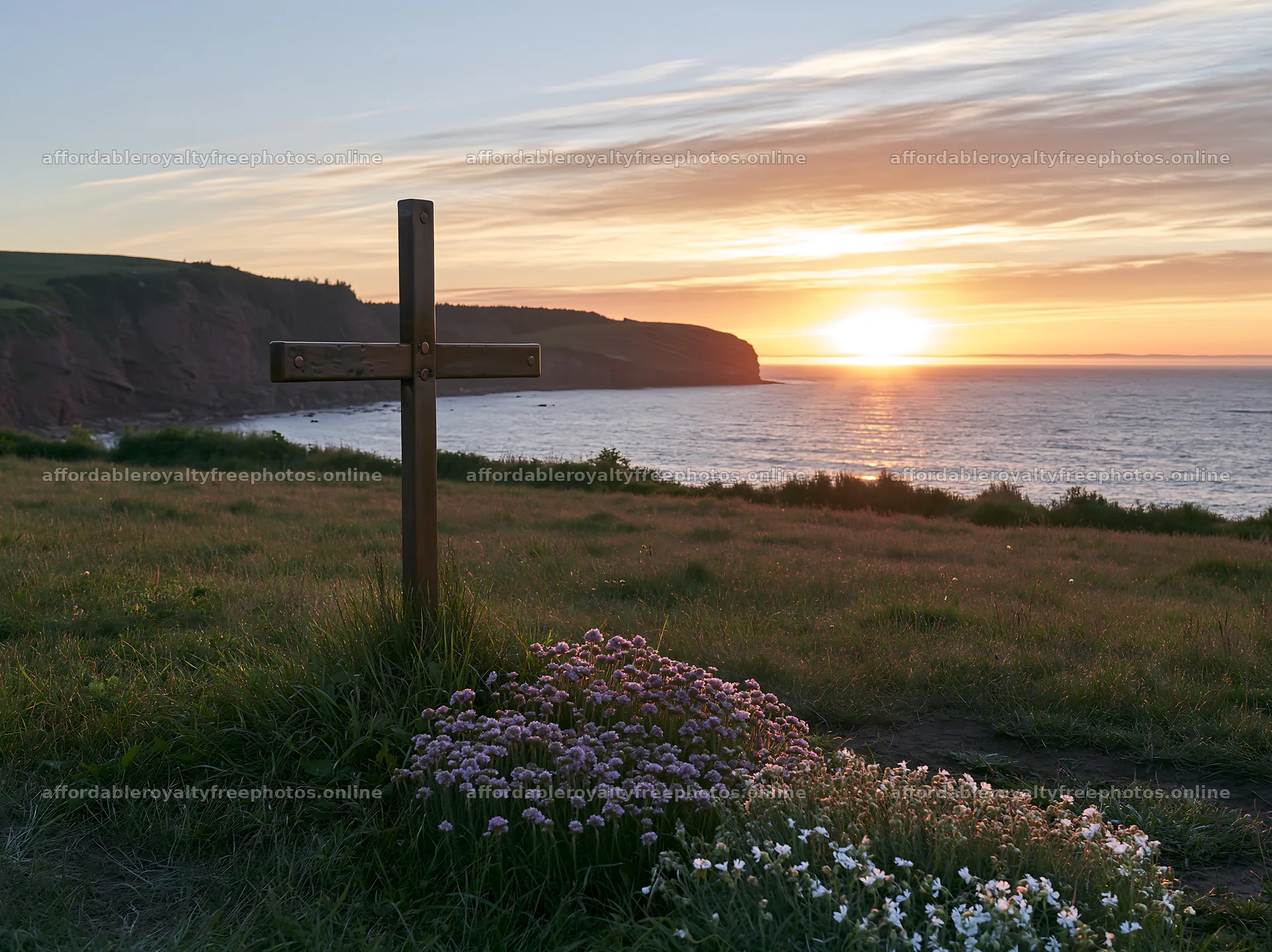 Christian cross against sunrise over meadow by ocean – royalty-free photos 9174x6866