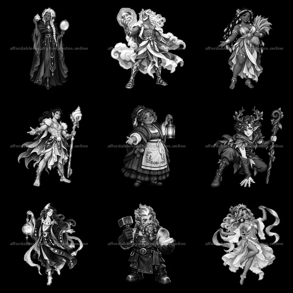Pagan gods depicted in black-and-white cartoon sticker – royalty-free photos 7746x7746