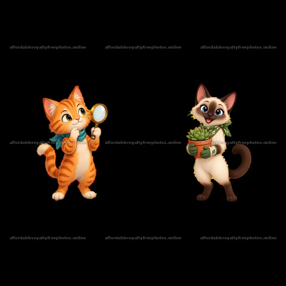 Two playful cats with accessories in a colorful scene – royalty-free photos 7746x7746