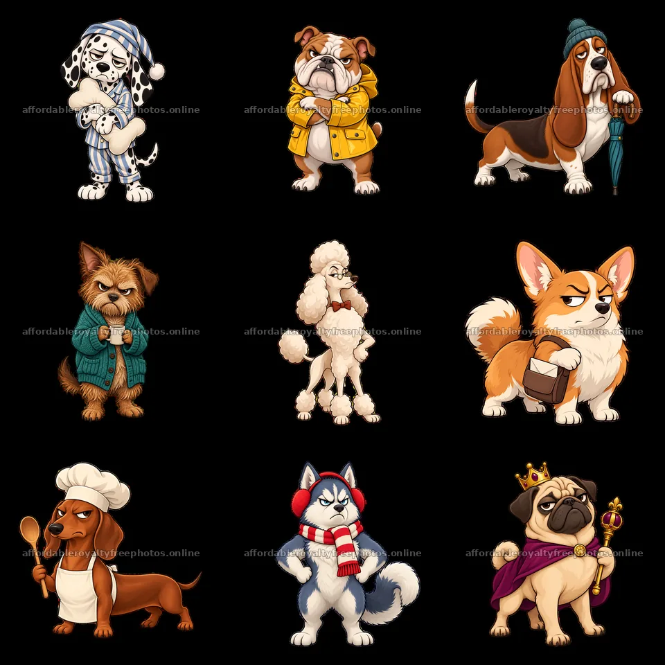 Grumpy dog cartoon sticker collection with various breeds – royalty-free photos 7746x7746