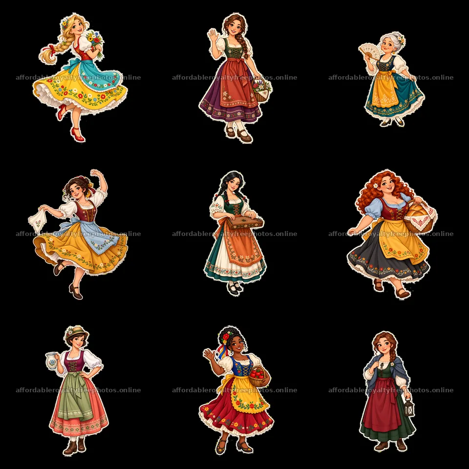 Women in traditional folk dress in a 3x3 arrangement – royalty-free photos 7746x7746