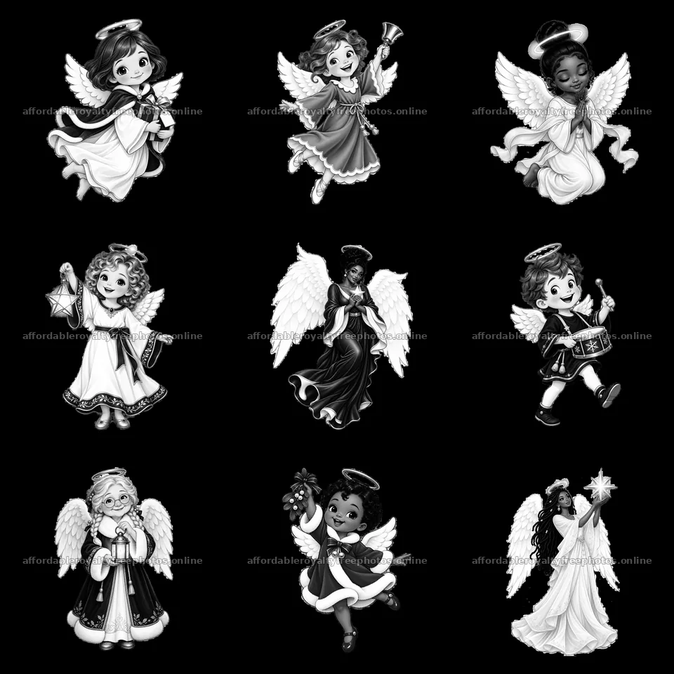 Christmas angels celebrating in a 3x3 grid layout – royalty-free photos 7746x7746