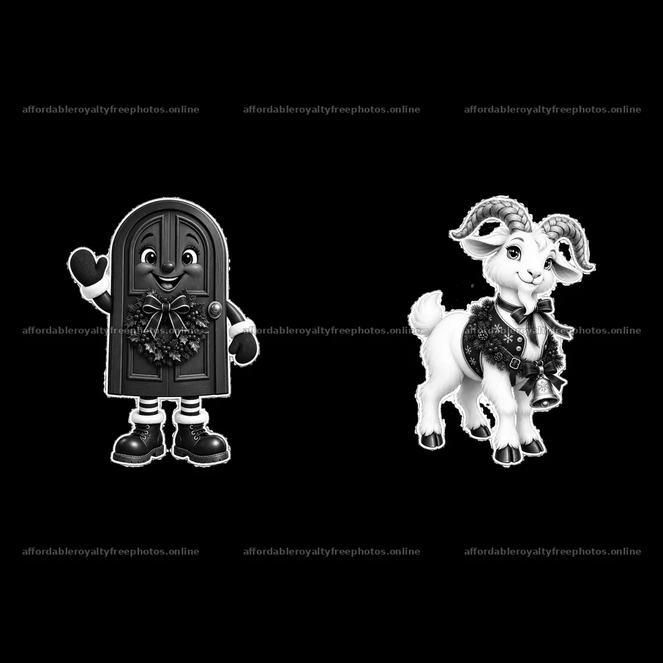 Cartoon Christmas door character and festive goat – royalty-free photos 7746x7746