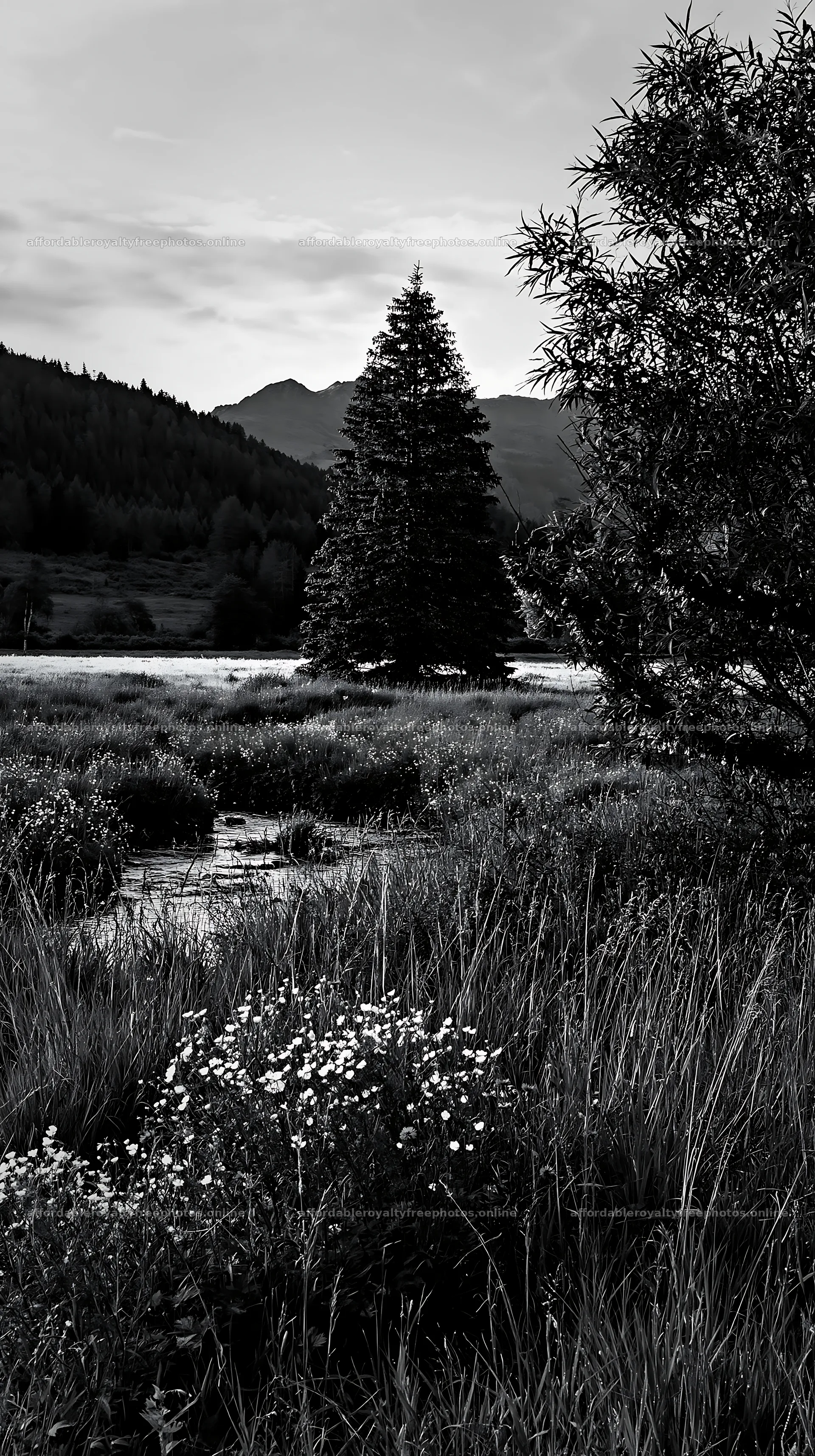Christmas tree beside stream in meadow – royalty-free photos 5938x10608